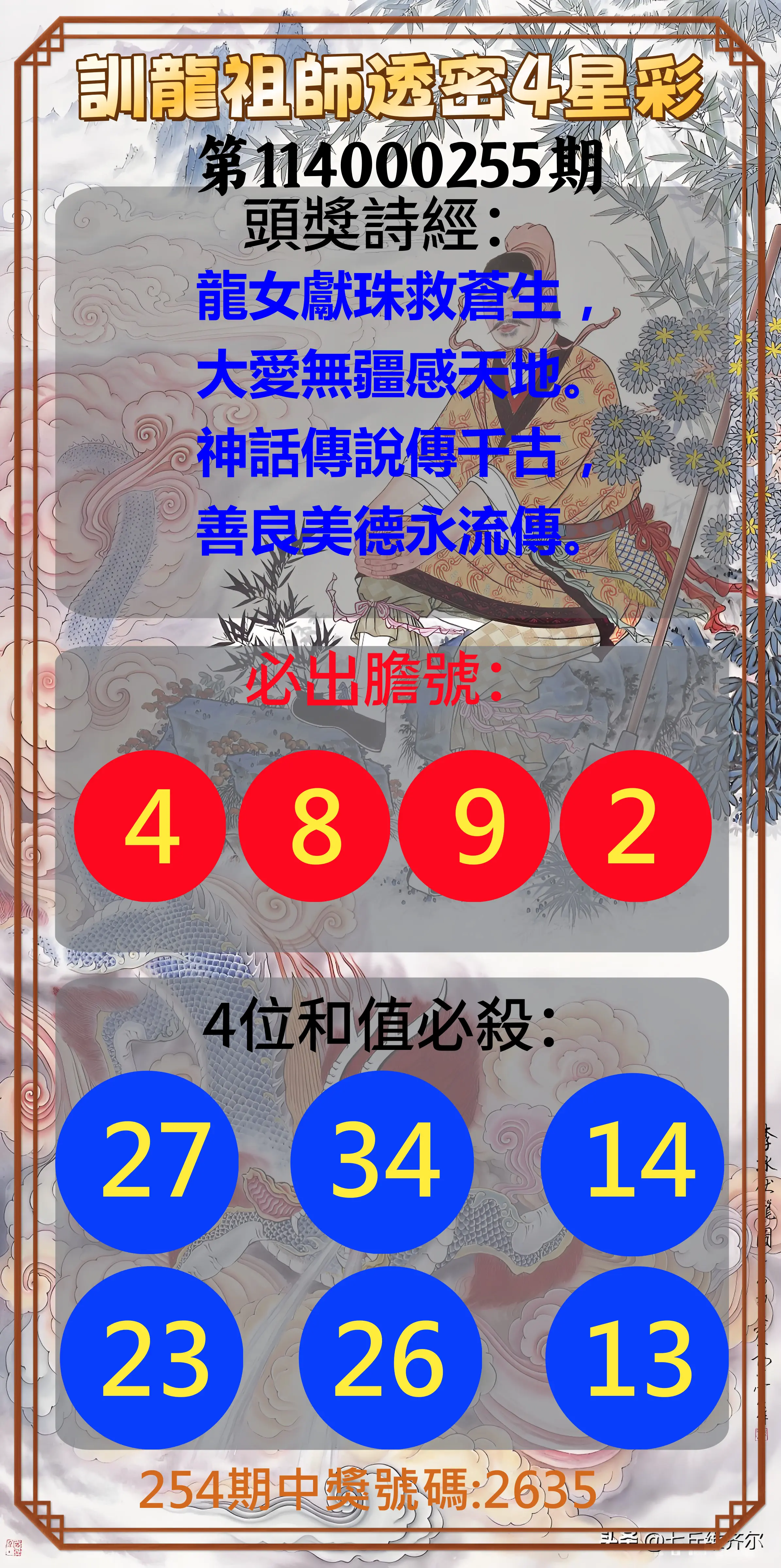 4星彩第114000255期(10/21)訓龍祖師透密4星彩