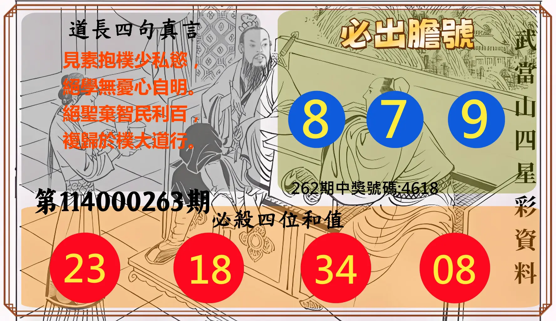 4星彩第114000263期(10/30)武當山四星彩資料