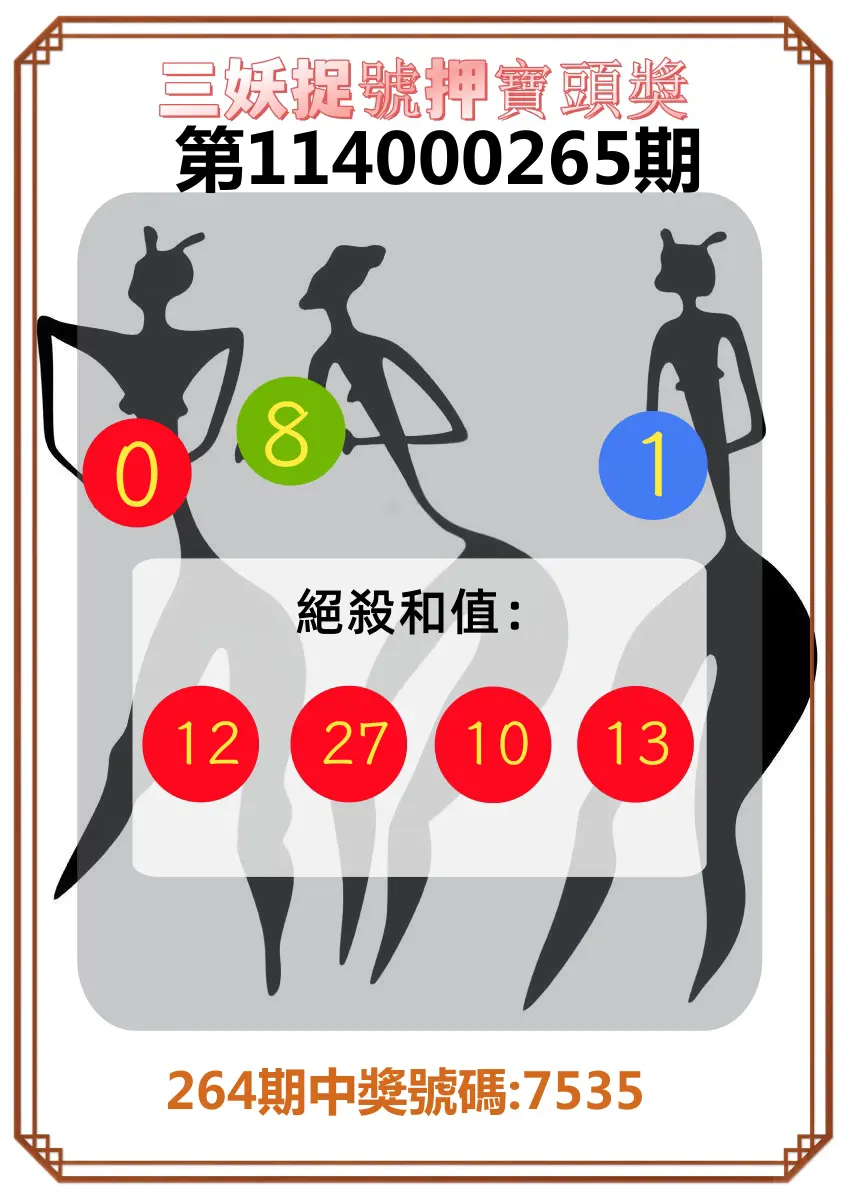 4星彩第114000265期(11/01)三妖捉號押寶頭獎