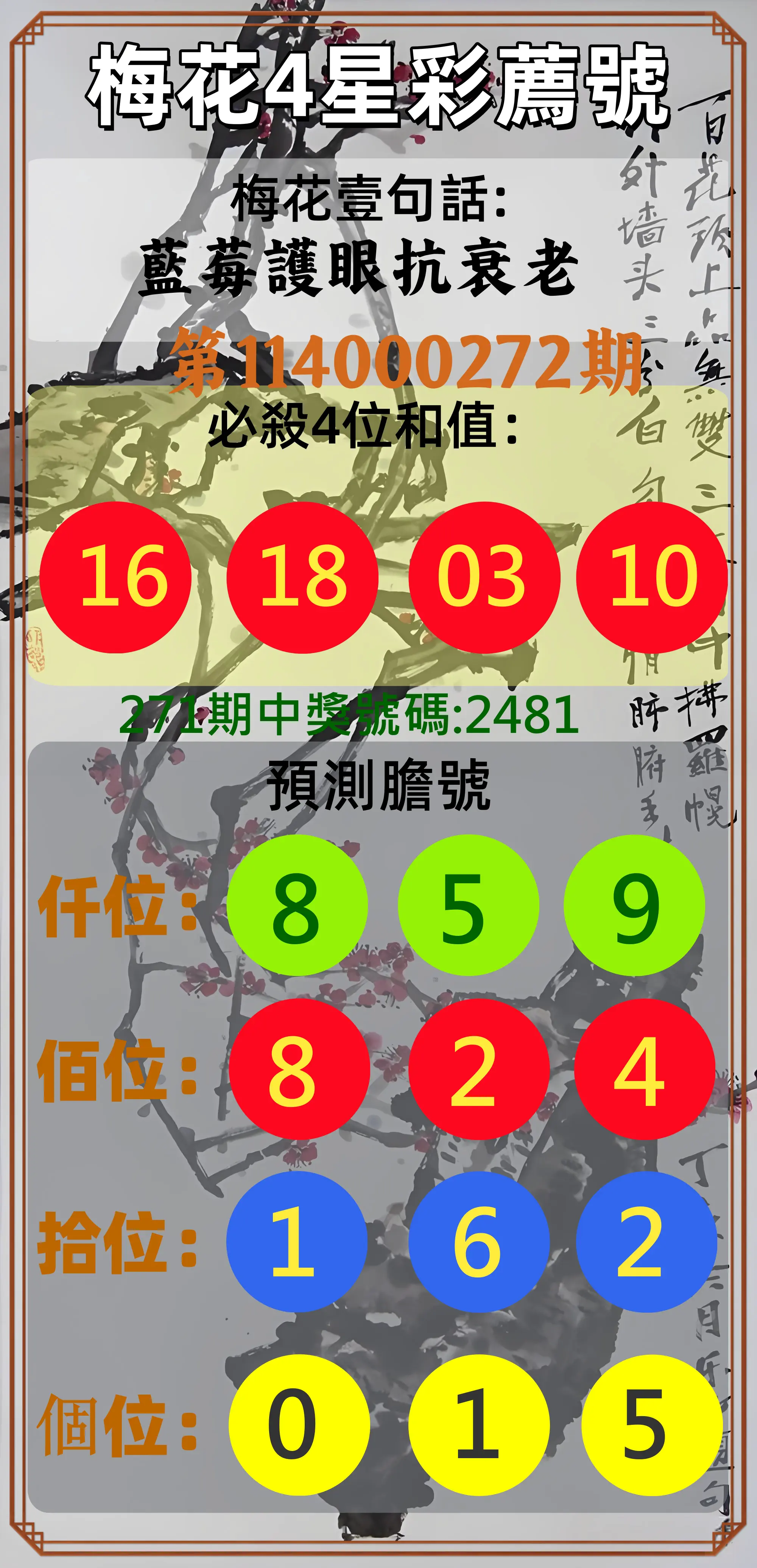 4星彩第114000272期(11/10)梅花4星彩薦號