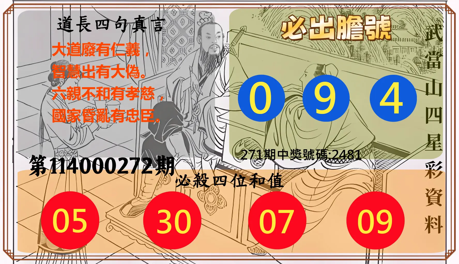 4星彩第114000272期(11/10)武當山四星彩資料