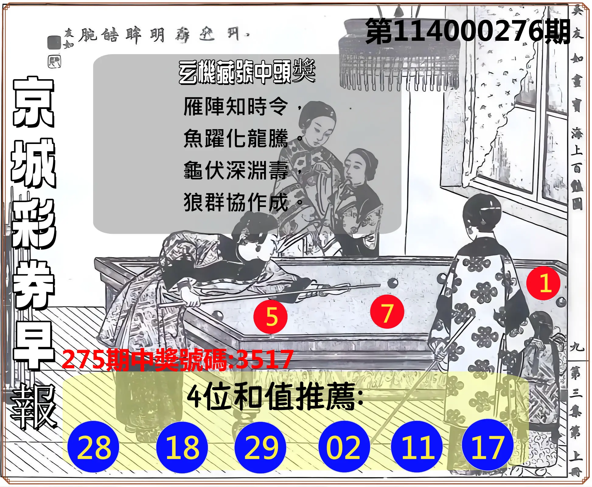 4星彩第114000276期(11/14)京城彩券早報