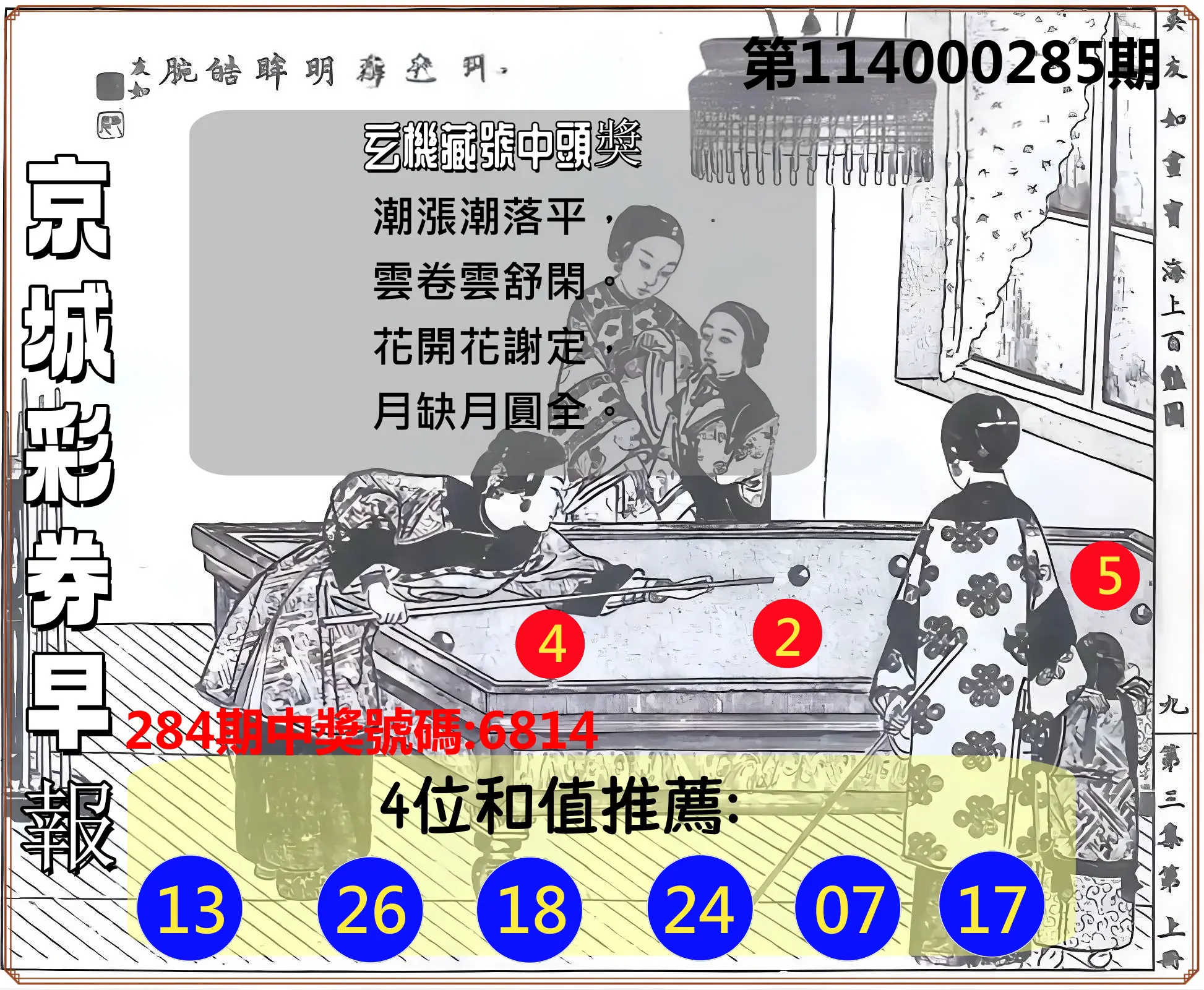 4星彩第114000285期(11/25)京城彩券早報