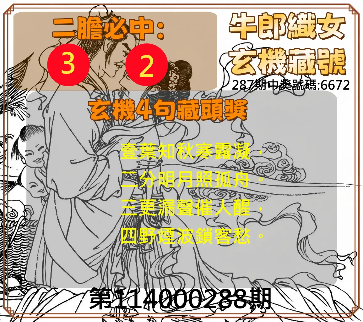 4星彩第114000288期(11/28)牛郎織女玄機藏號