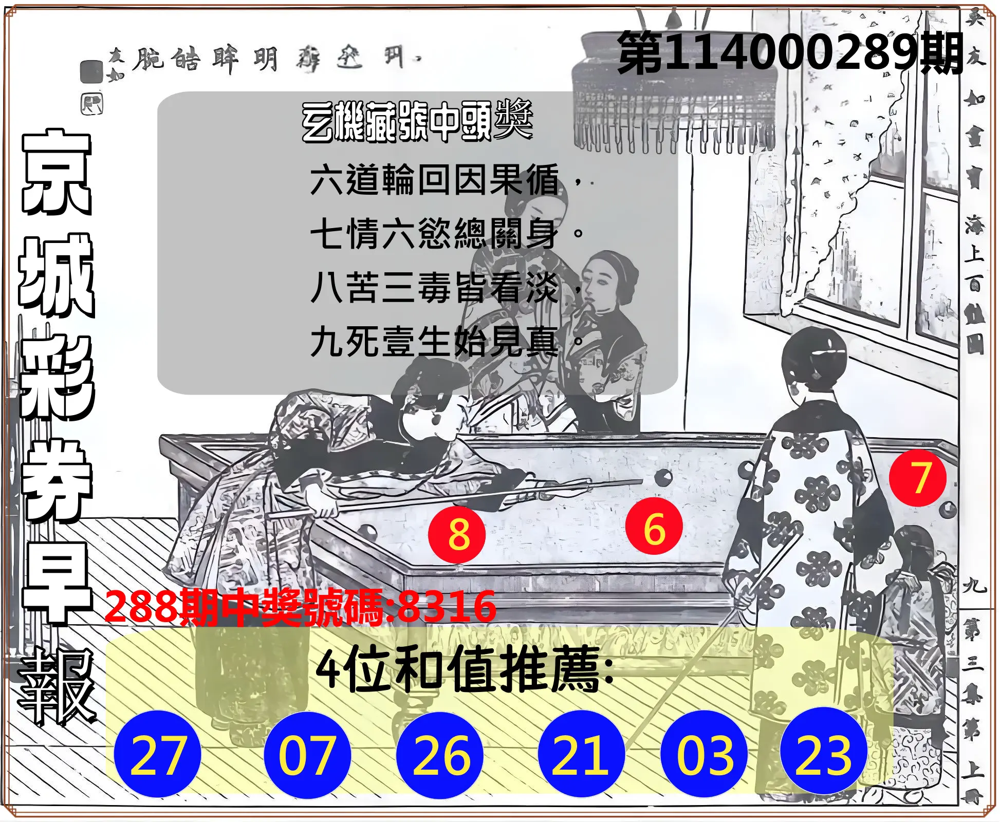 4星彩第114000289期(11/29)京城彩券早報