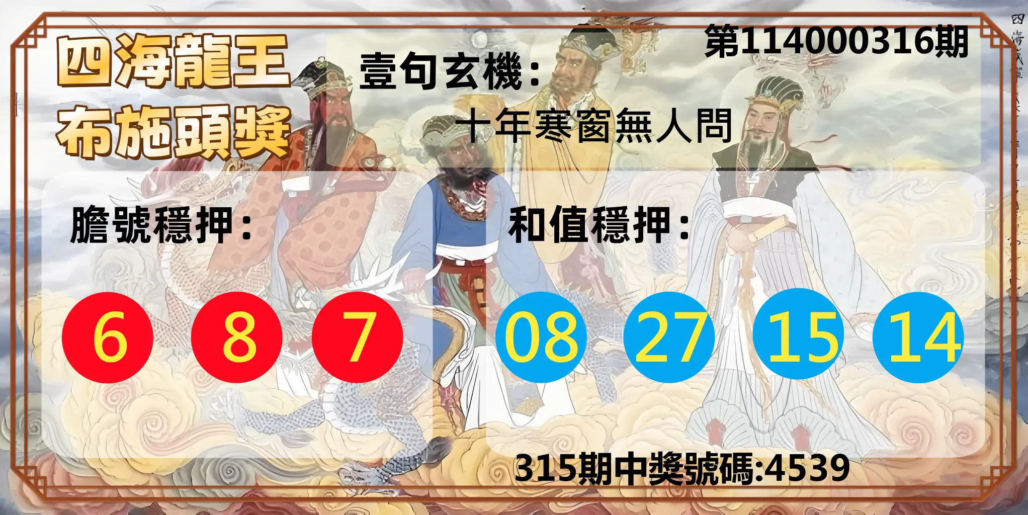 4星彩第114000316期(12/31)四海龍王布施頭獎