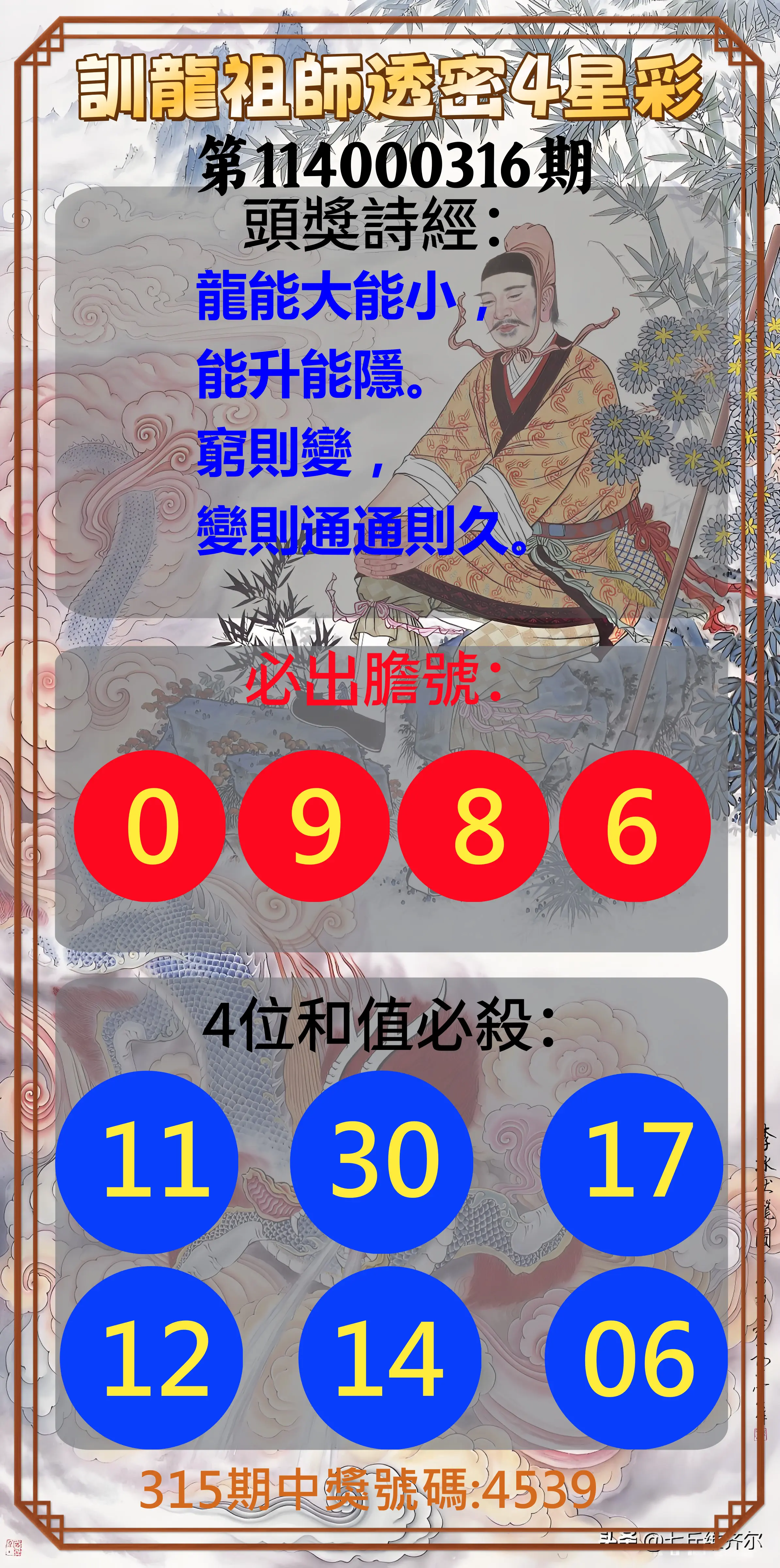 4星彩第114000316期(12/31)訓龍祖師透密4星彩