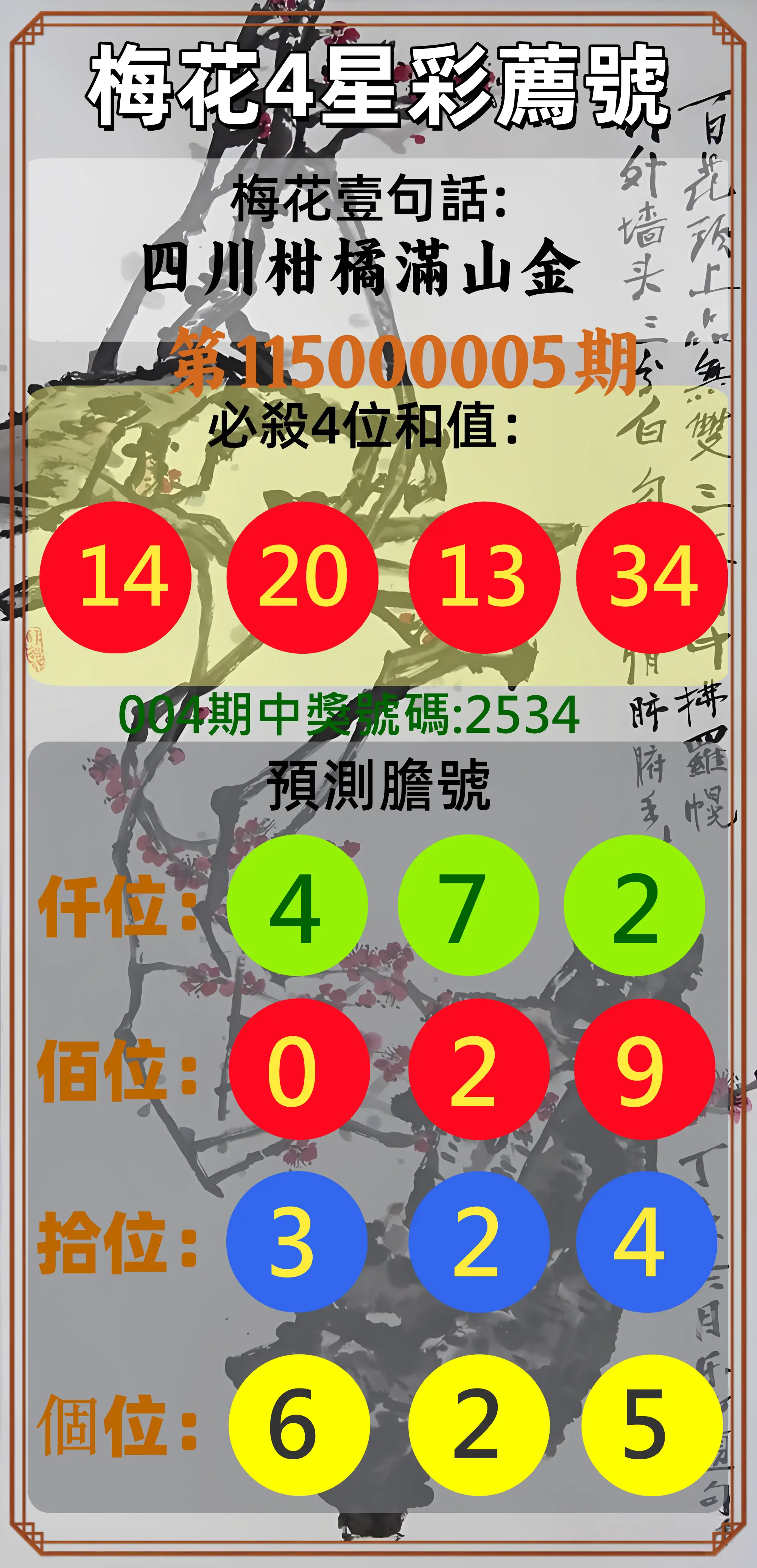 4星彩第115000005期(01/06)梅花4星彩薦號