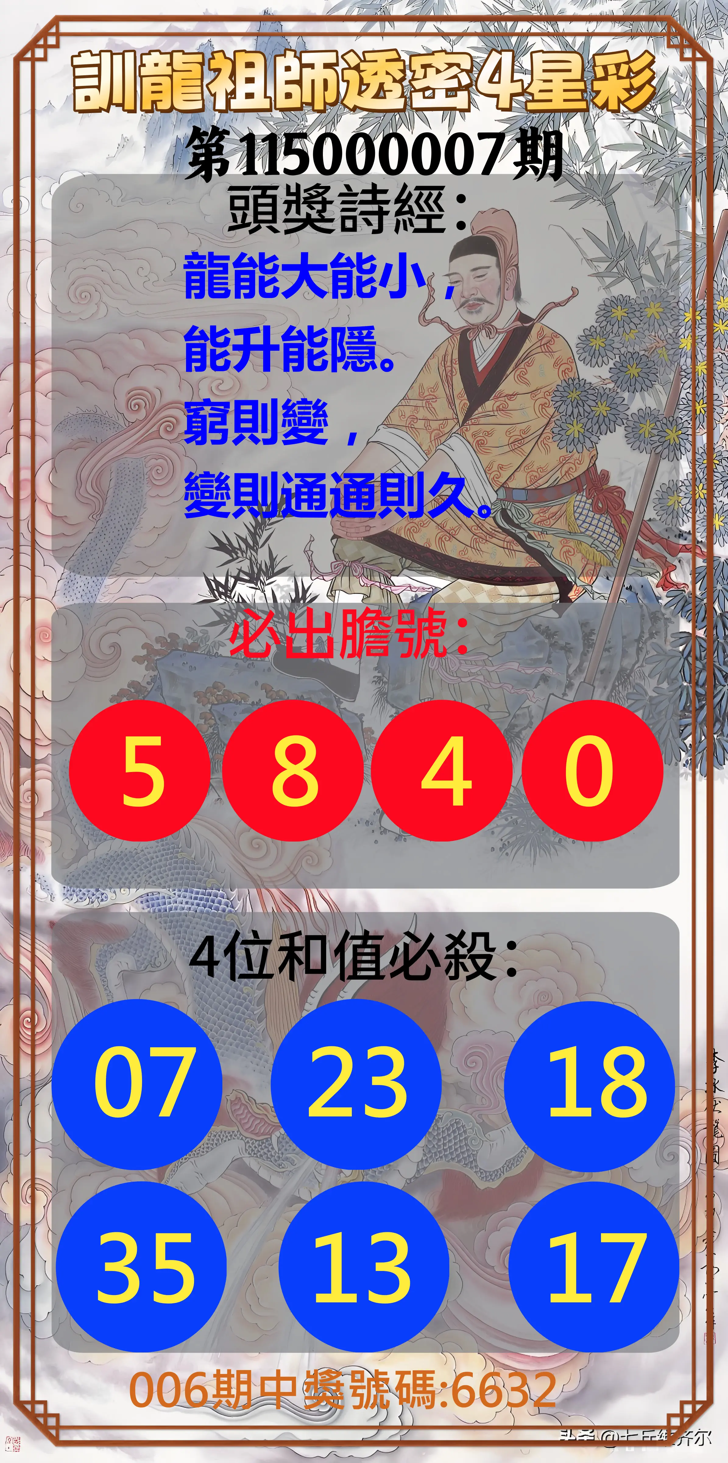 4星彩第115000007期(01/08)訓龍祖師透密4星彩