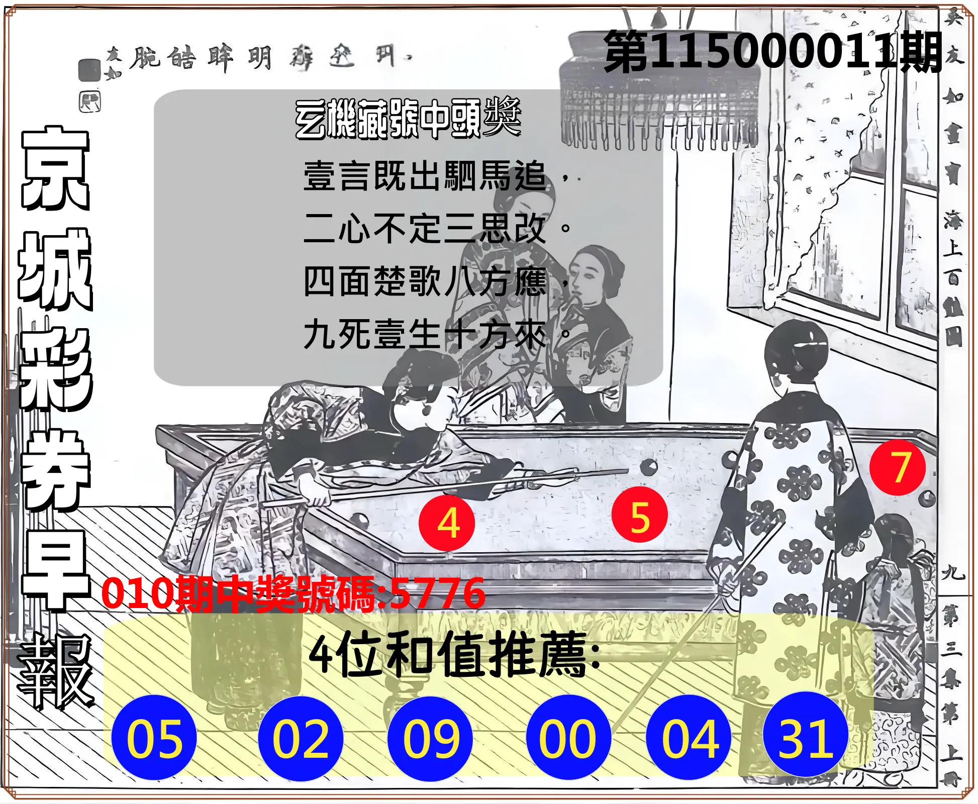 4星彩第115000011期(01/13)京城彩券早報