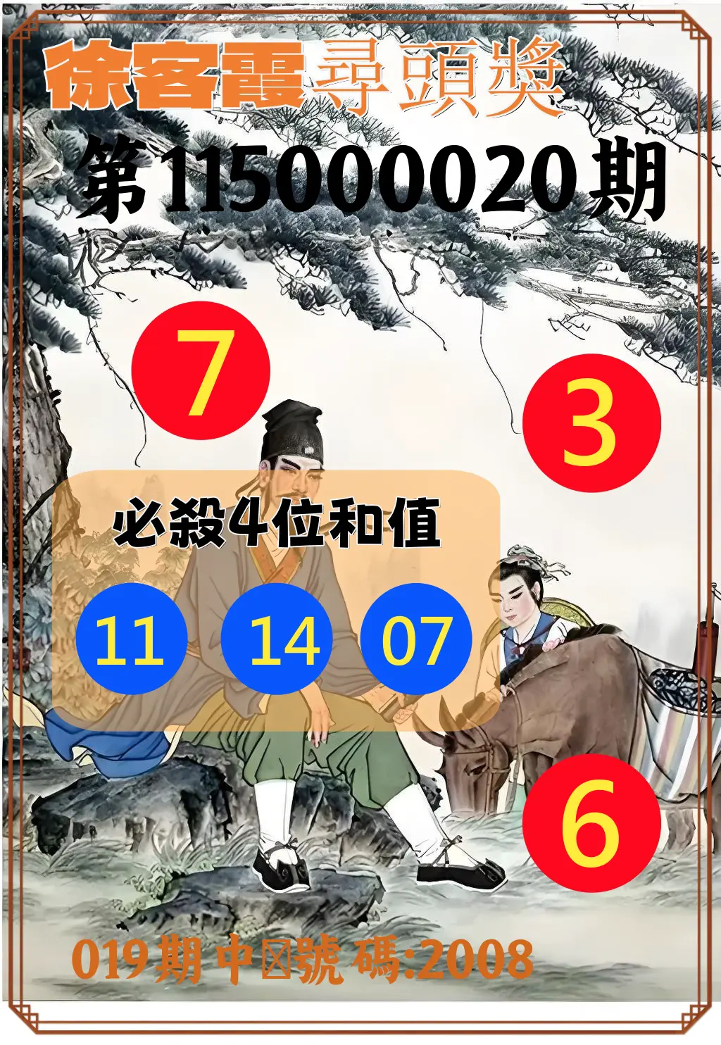 4星彩第115000020期(01/23)徐客霞尋頭獎