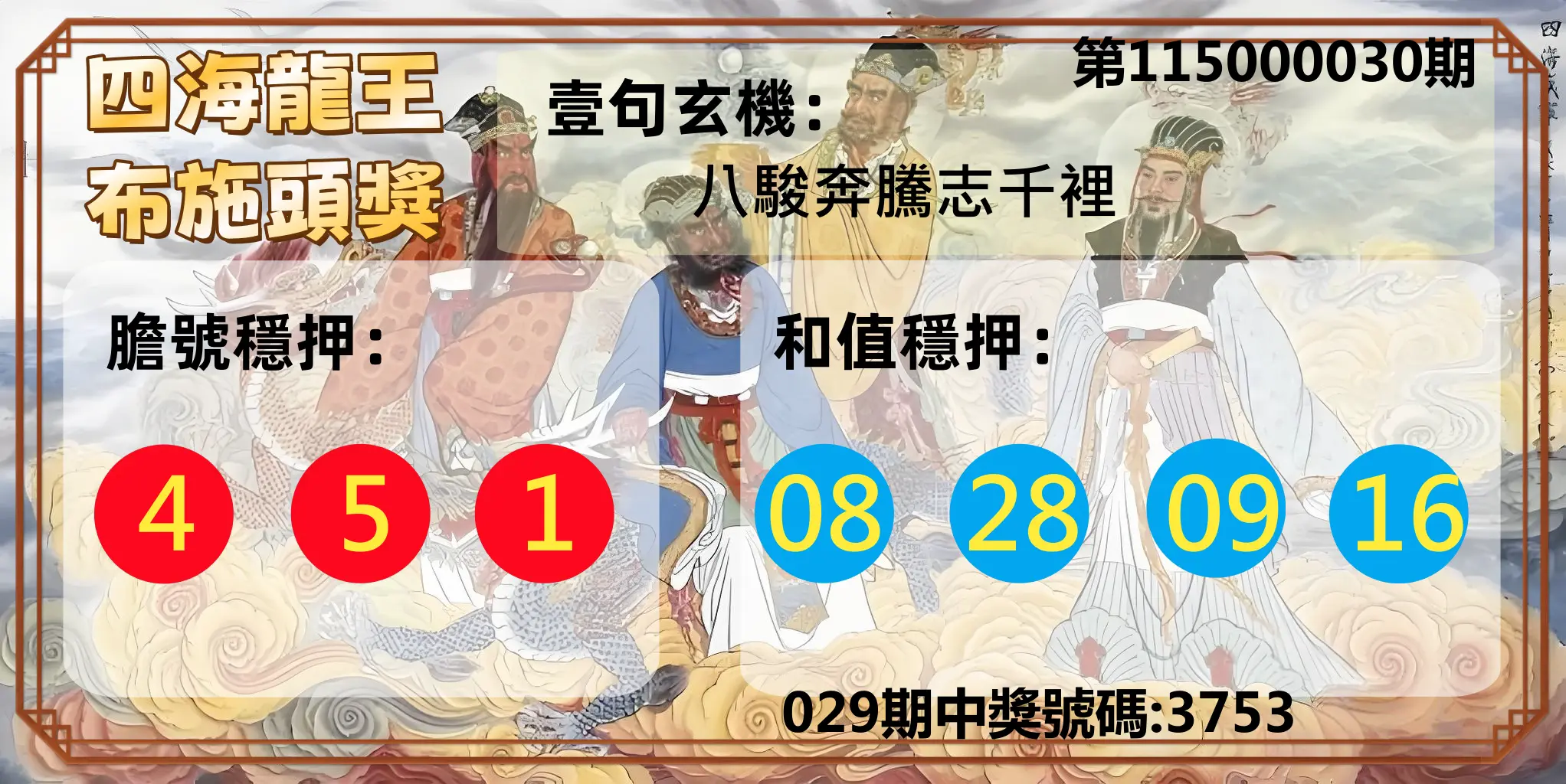 4星彩第115000030期(02/04)四海龍王布施頭獎