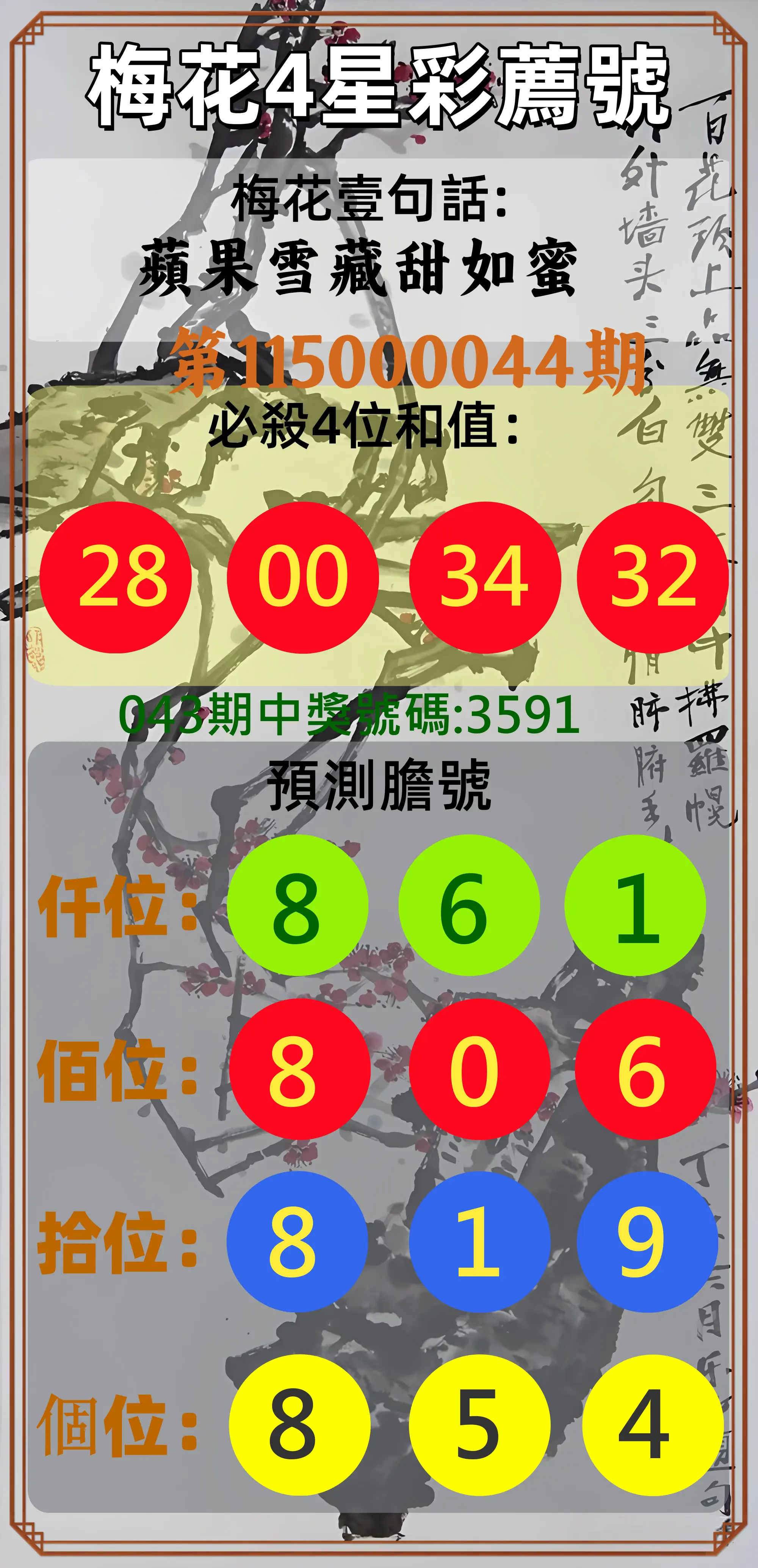 4星彩第115000044期(02/19)梅花4星彩薦號