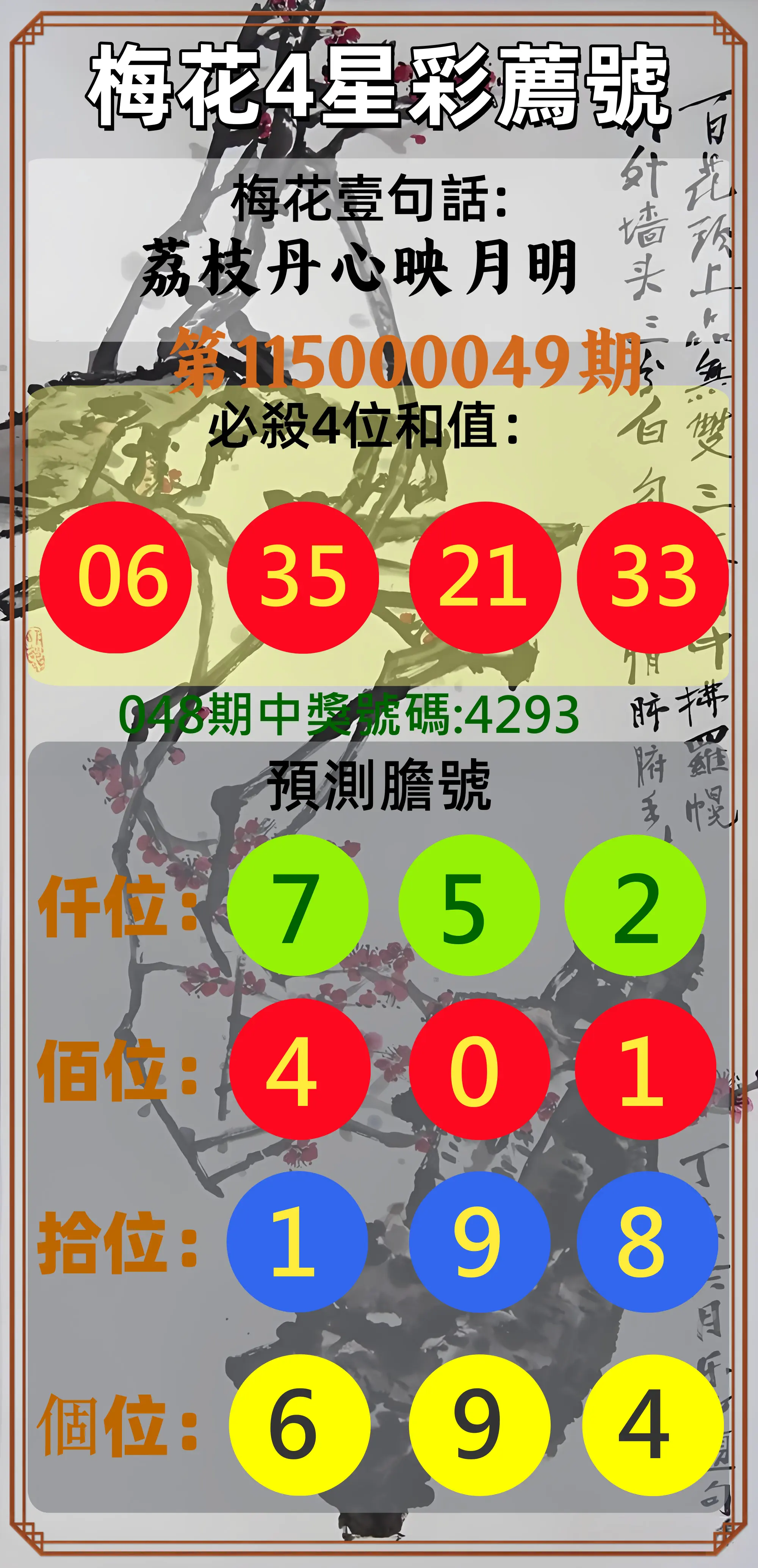 4星彩第115000049期(02/24)梅花4星彩薦號