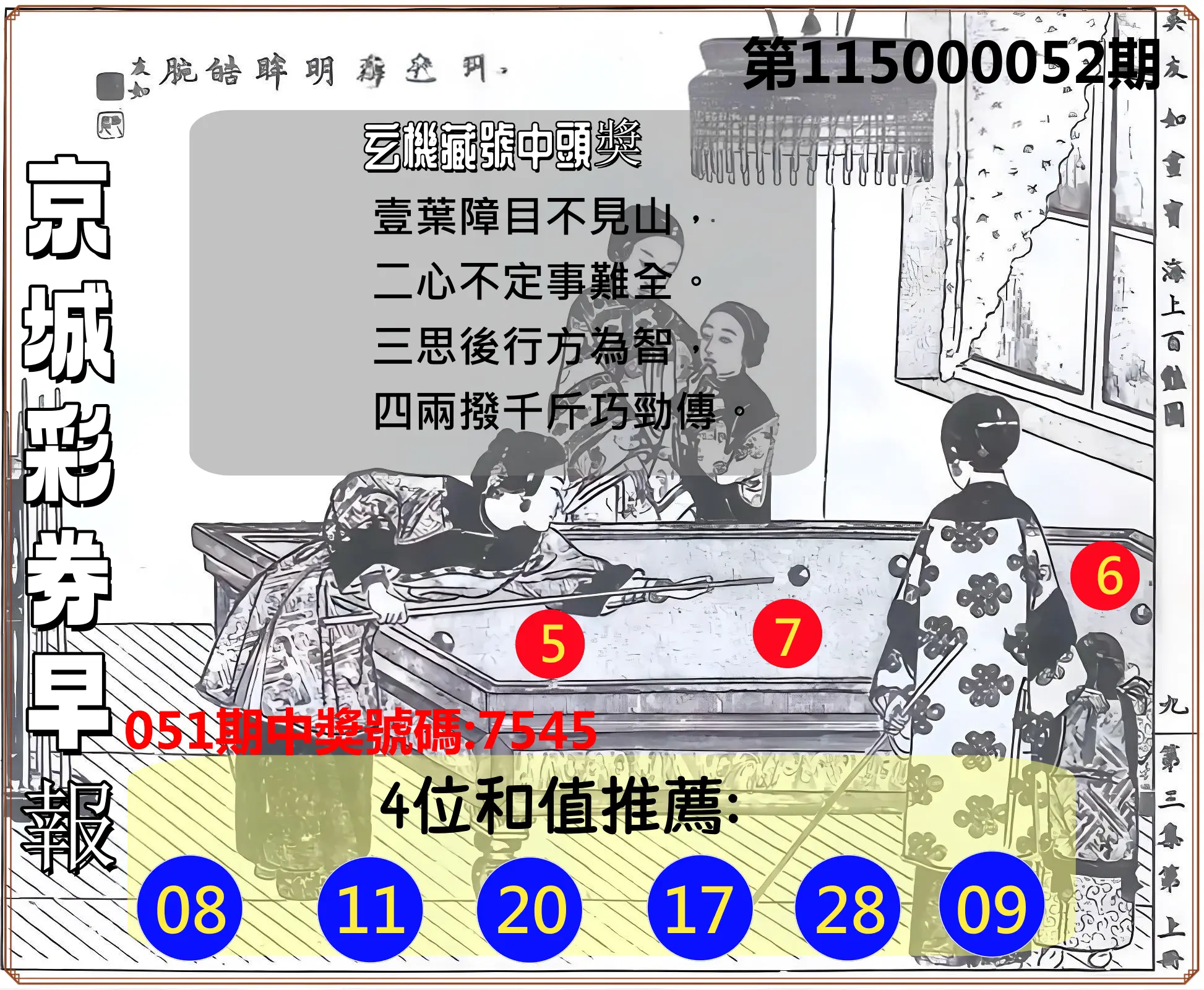 4星彩第115000052期(02/27)京城彩券早報