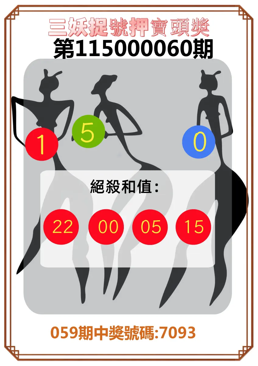 4星彩第115000060期(03/07)三妖捉號押寶頭獎