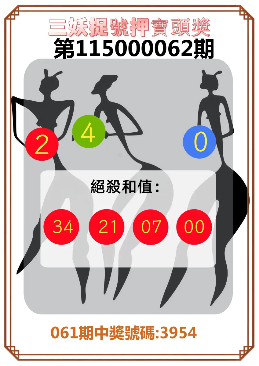 4星彩第115000062期(03/10)三妖捉號押寶頭獎