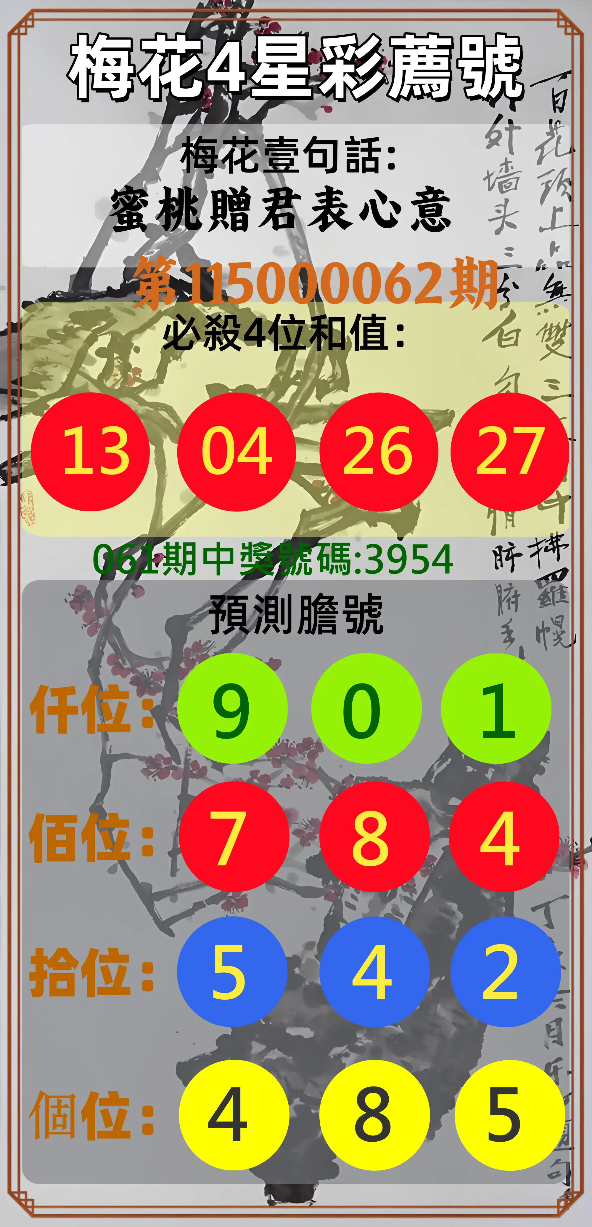 4星彩第115000062期(03/10)梅花4星彩薦號