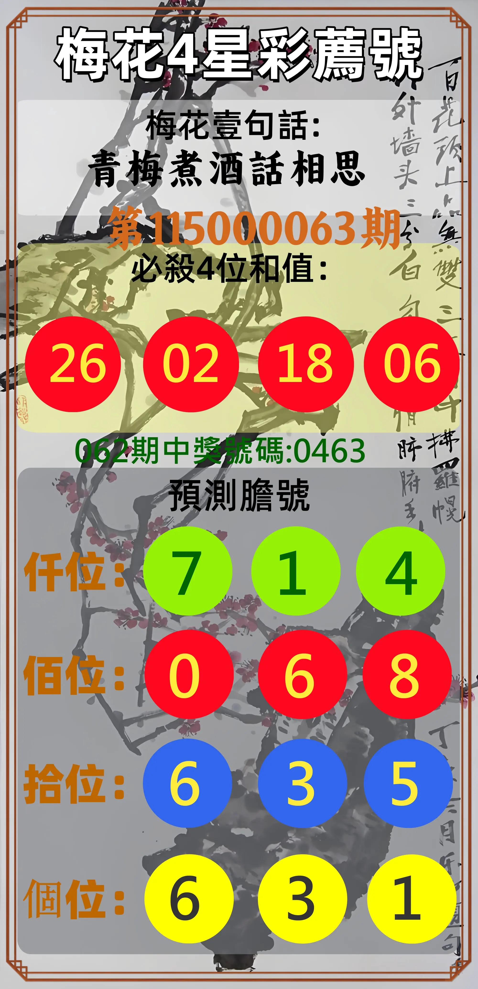 4星彩第115000063期(03/11)梅花4星彩薦號