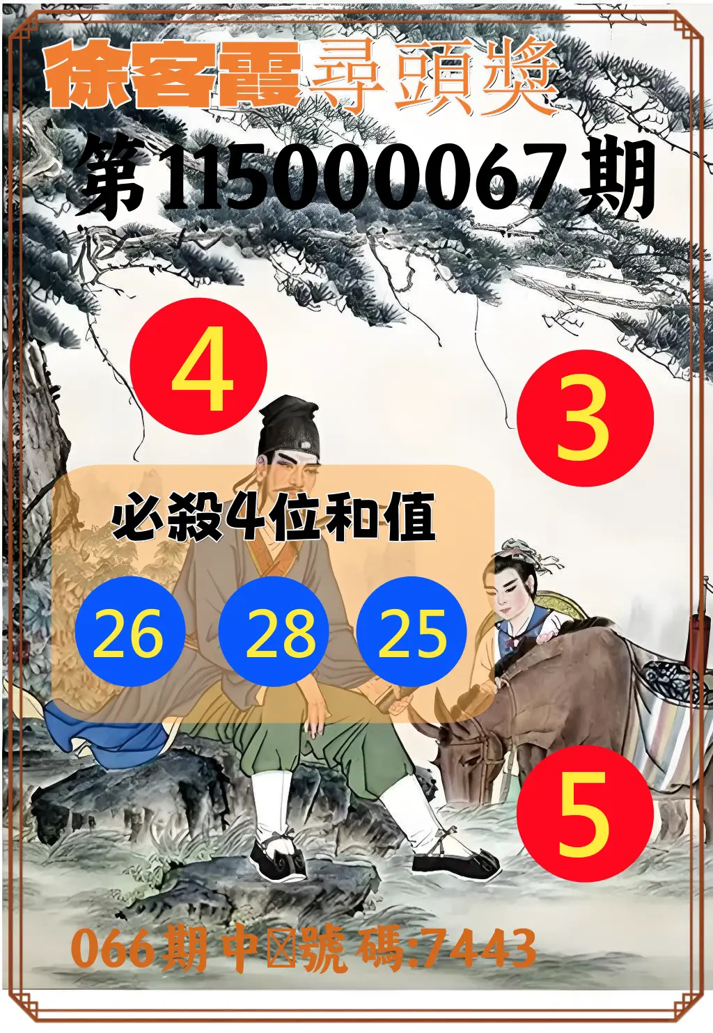 4星彩第115000067期(03/16)徐客霞尋頭獎