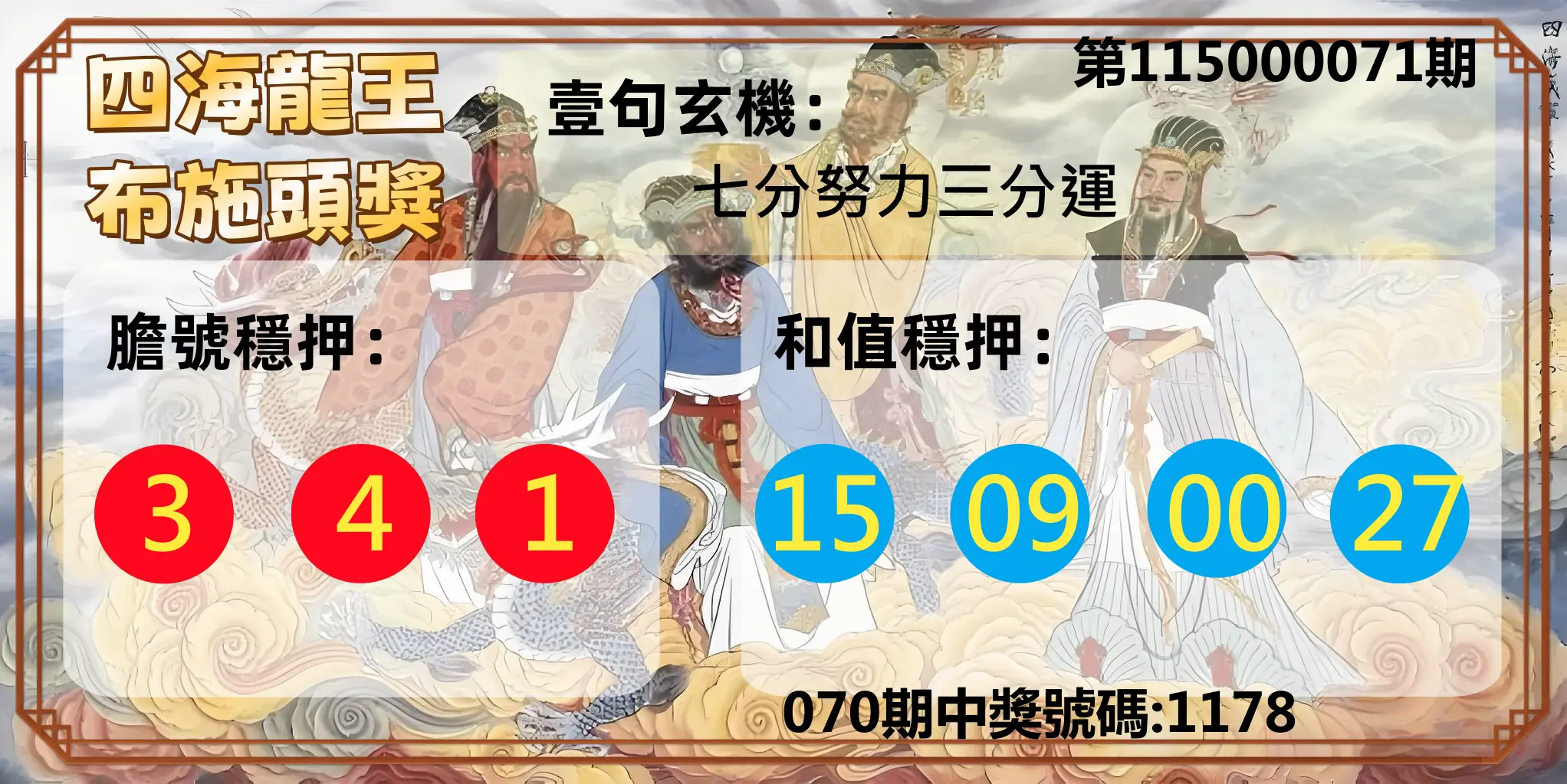 4星彩第115000071期(03/20)四海龍王布施頭獎