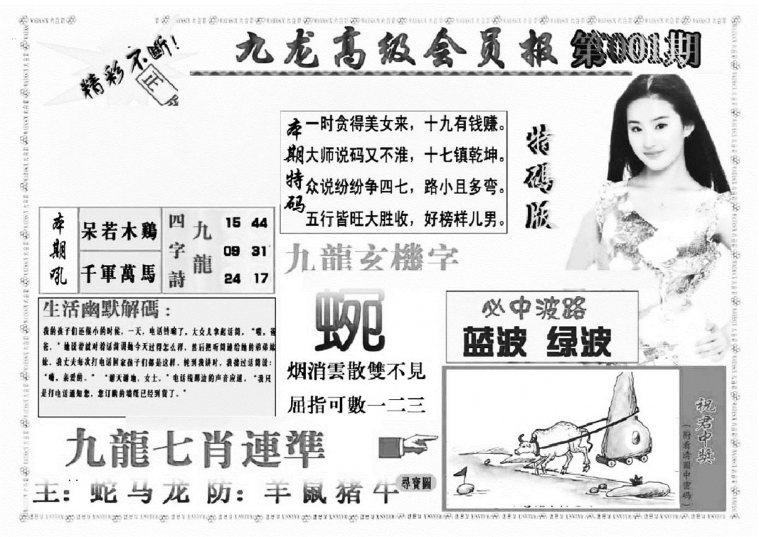 六合彩001期九龙高级会员报(新图)(黑白)