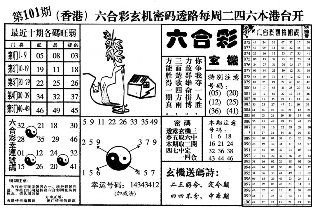 六合彩101期六合玄机(黑白)