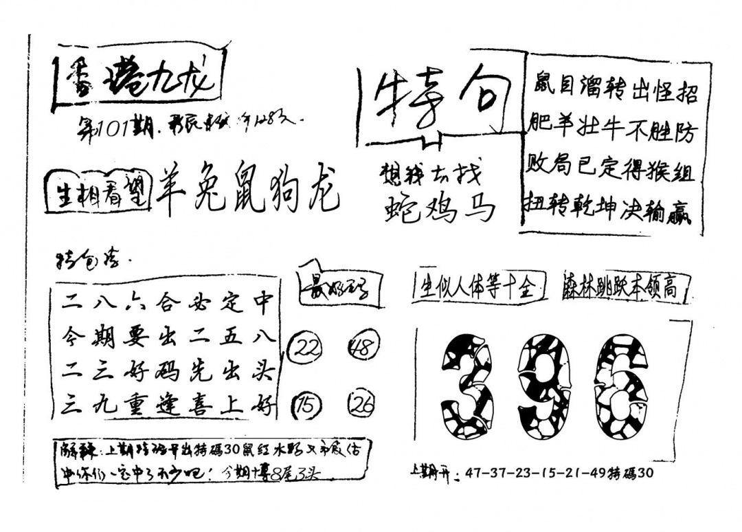 六合彩101期香港九龙(新图)手写(黑白)