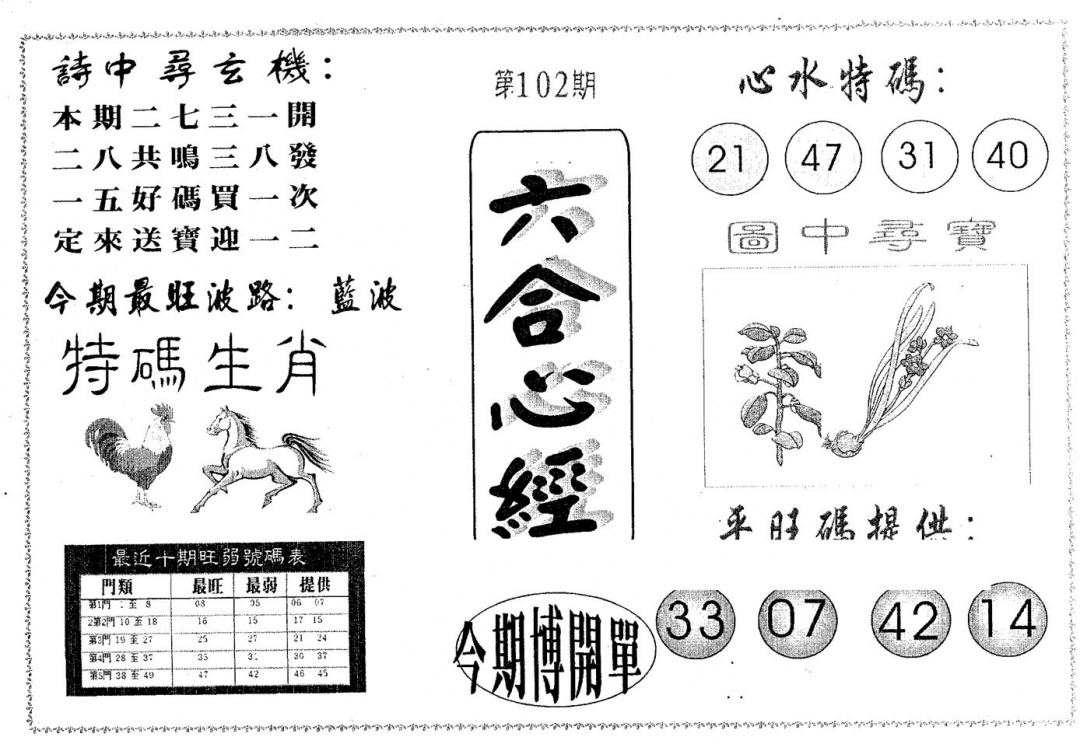六合彩102期六合心经(黑白)