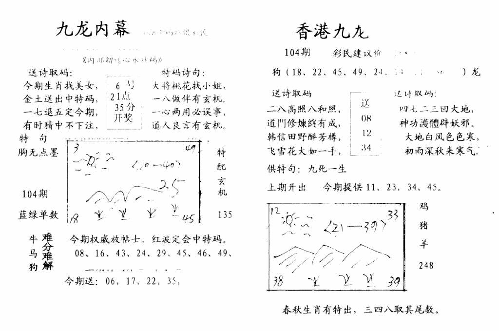 六合彩104期九龙内幕-开奖报(早图)(黑白)