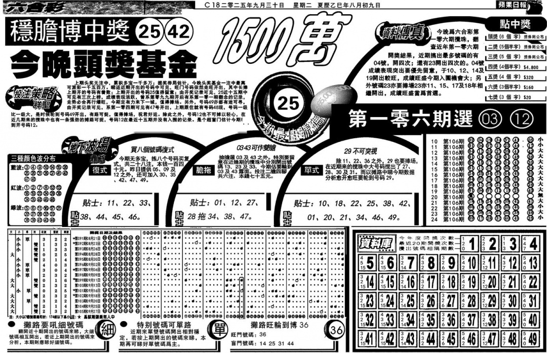 六合彩106期当日苹果日报(黑白)