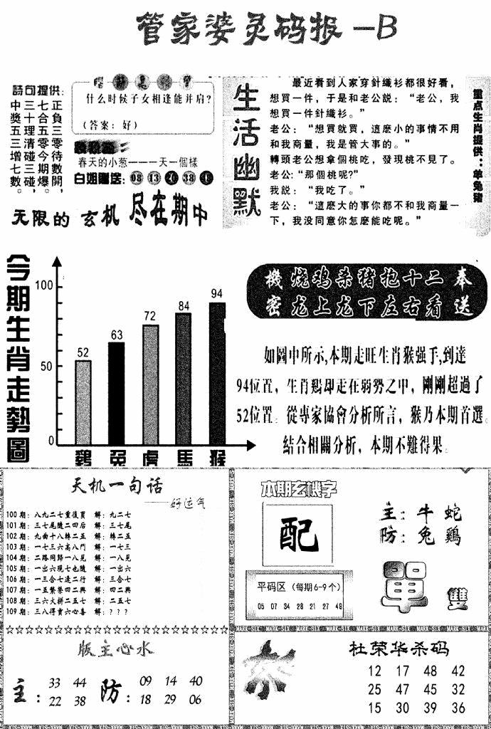 六合彩109期管家婆灵码报B(新图)(黑白)