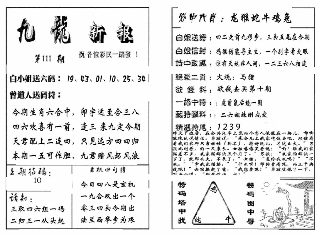 六合彩111期九龙新报(生肖版)(黑白)