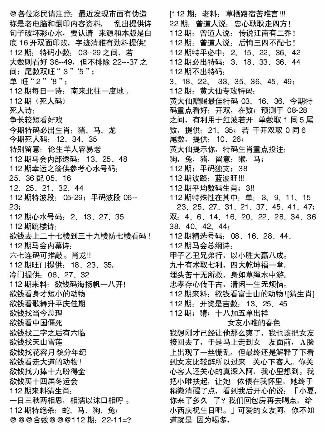 六合彩112期当日电脑综合资料B(黑白)