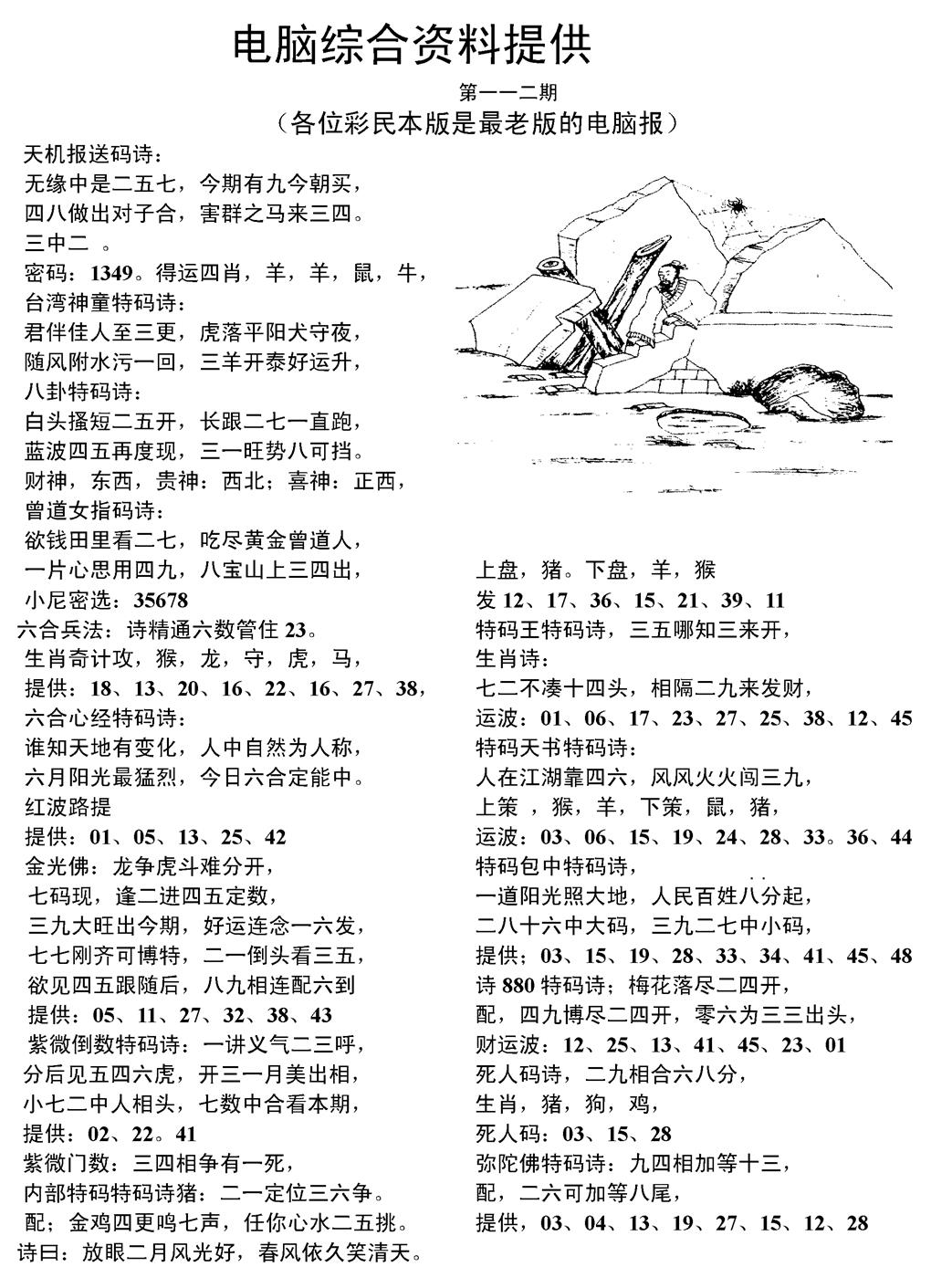六合彩112期当日电脑综合资料C(黑白)