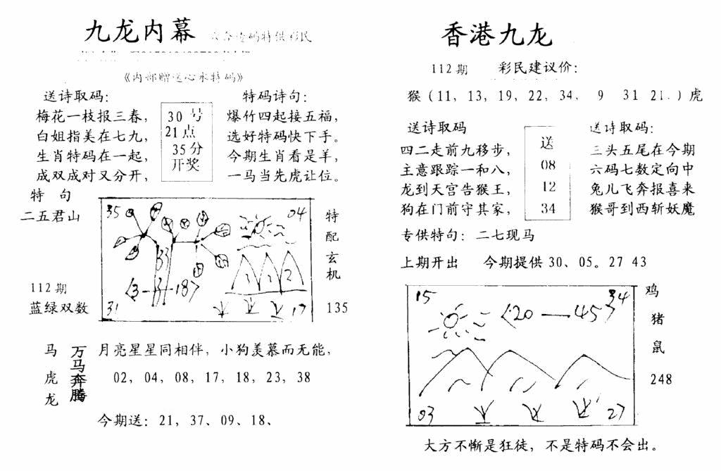 六合彩112期九龙内幕-开奖报(早图)(黑白)