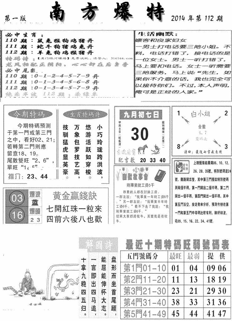 六合彩112期南方爆特A(新图)(黑白)