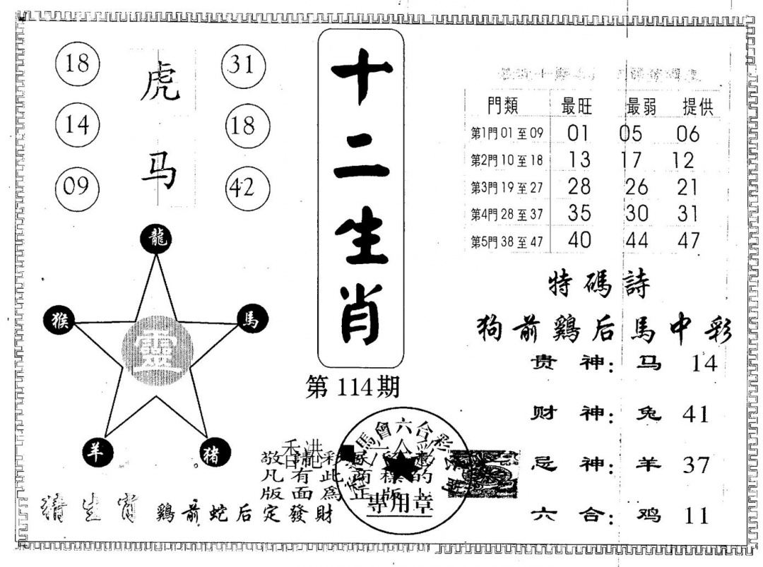 六合彩114期十二生肖(黑白)
