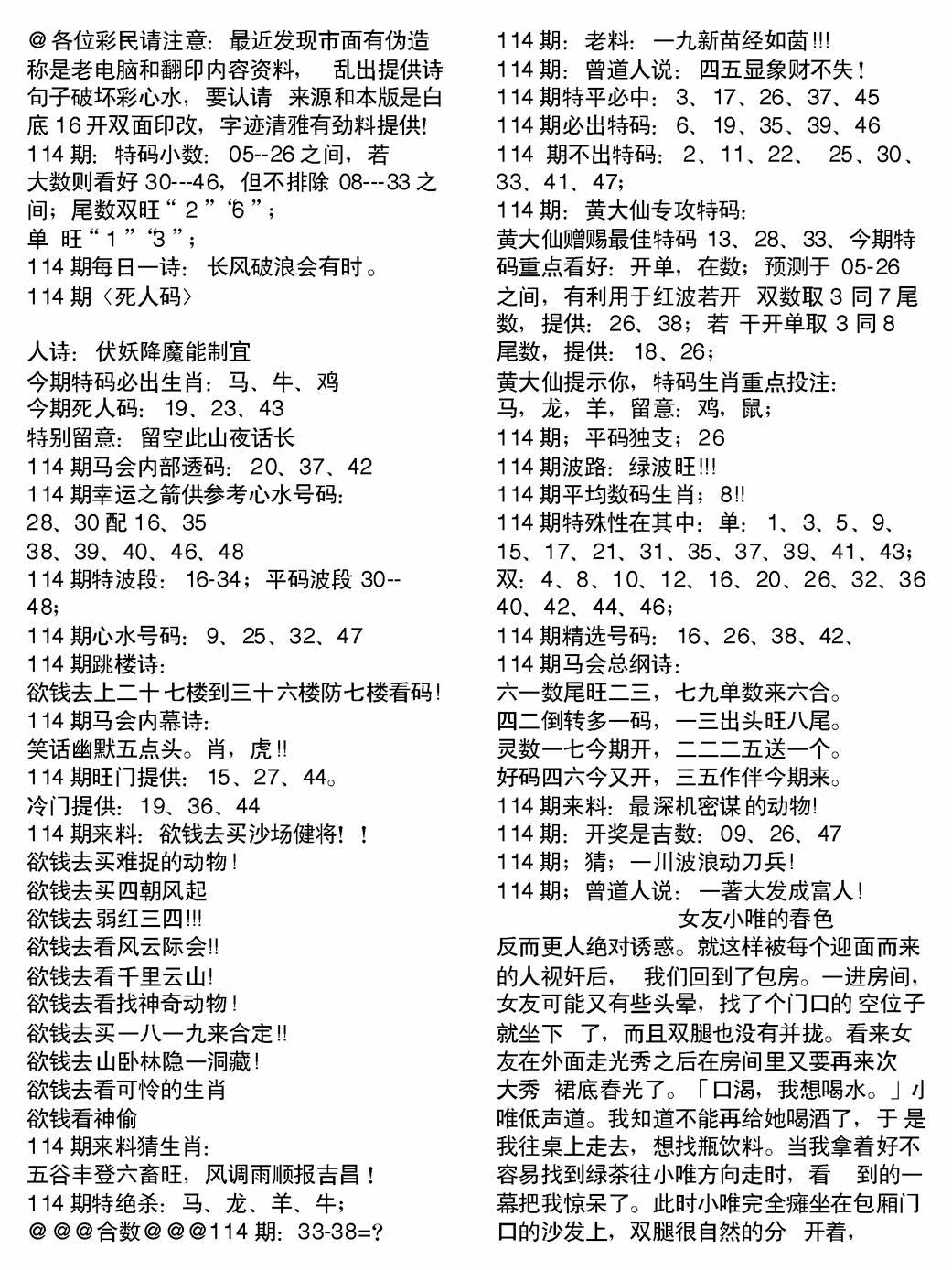 六合彩114期当日电脑综合资料B(黑白)