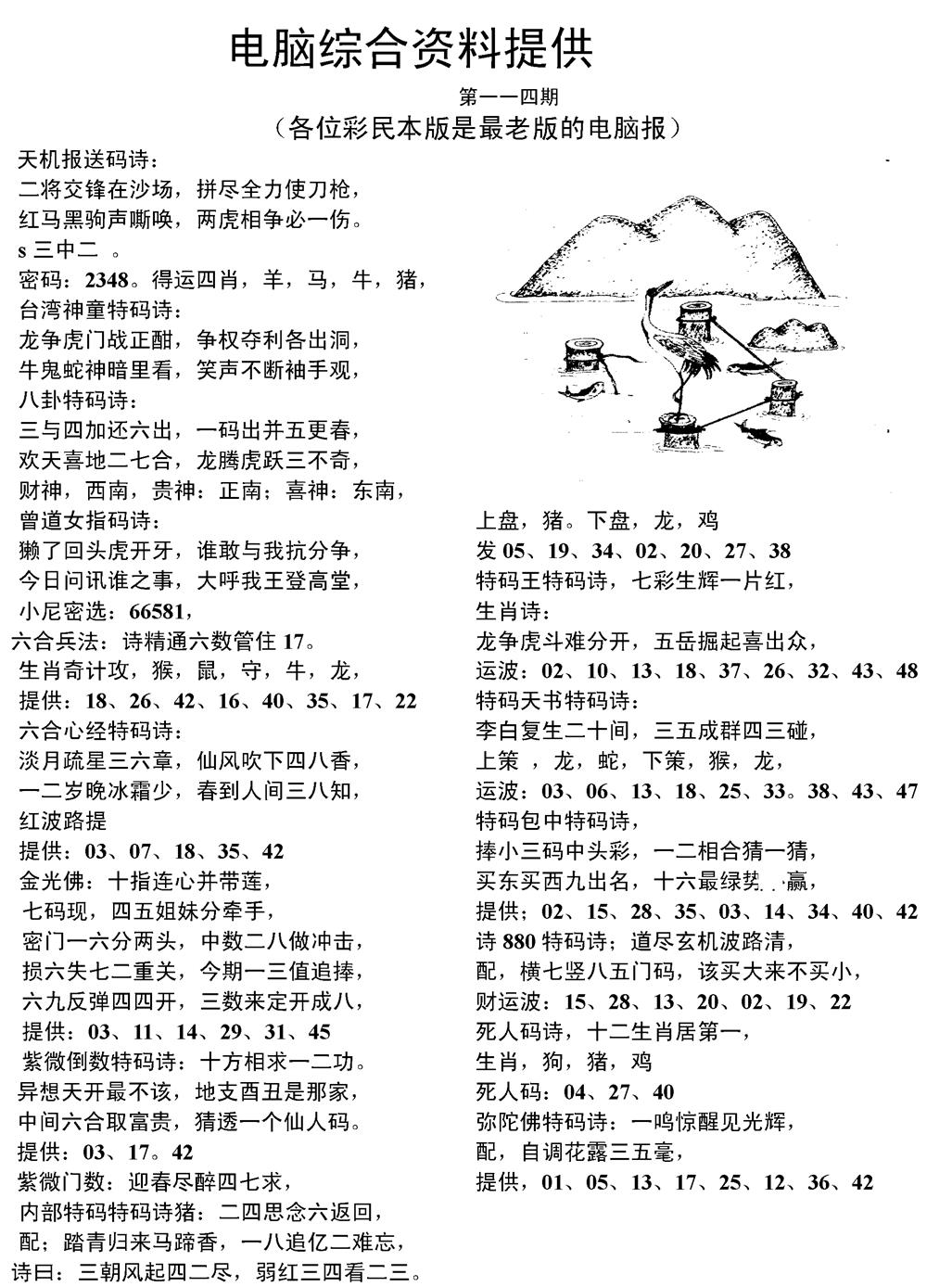 六合彩114期当日电脑综合资料C(黑白)