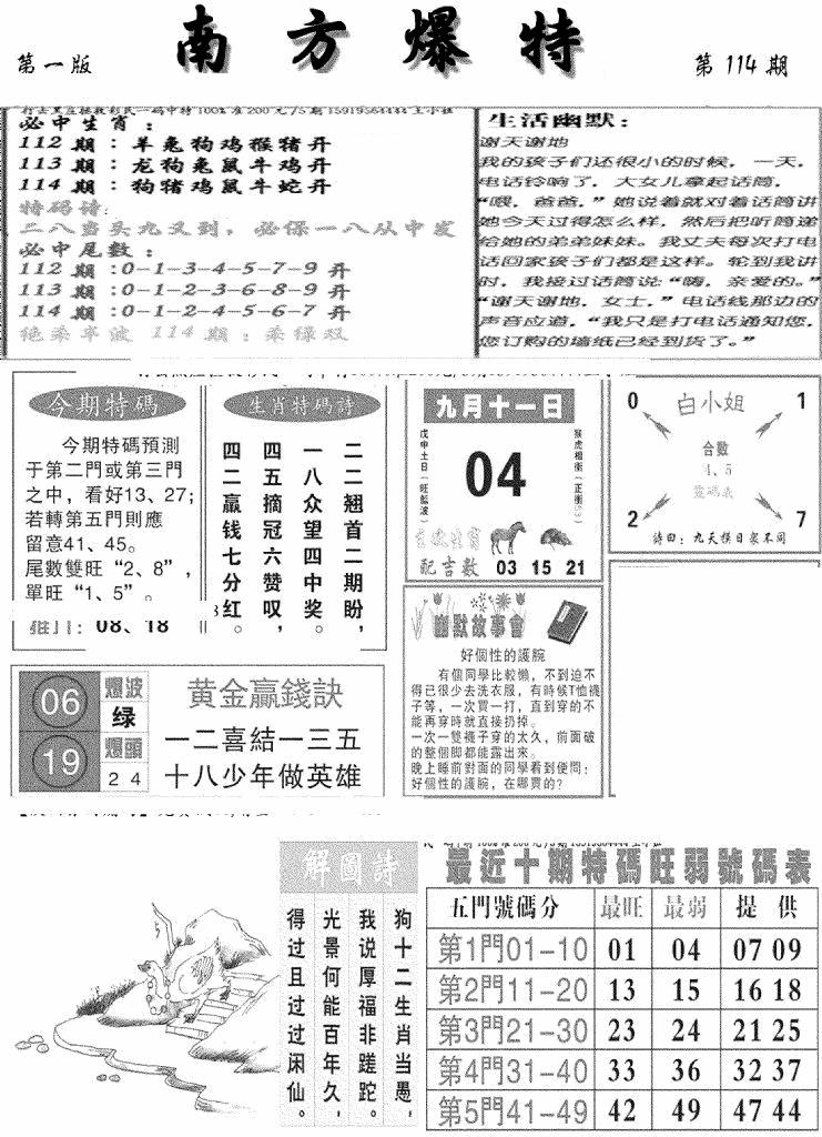 六合彩114期南方爆特A(新图)(黑白)
