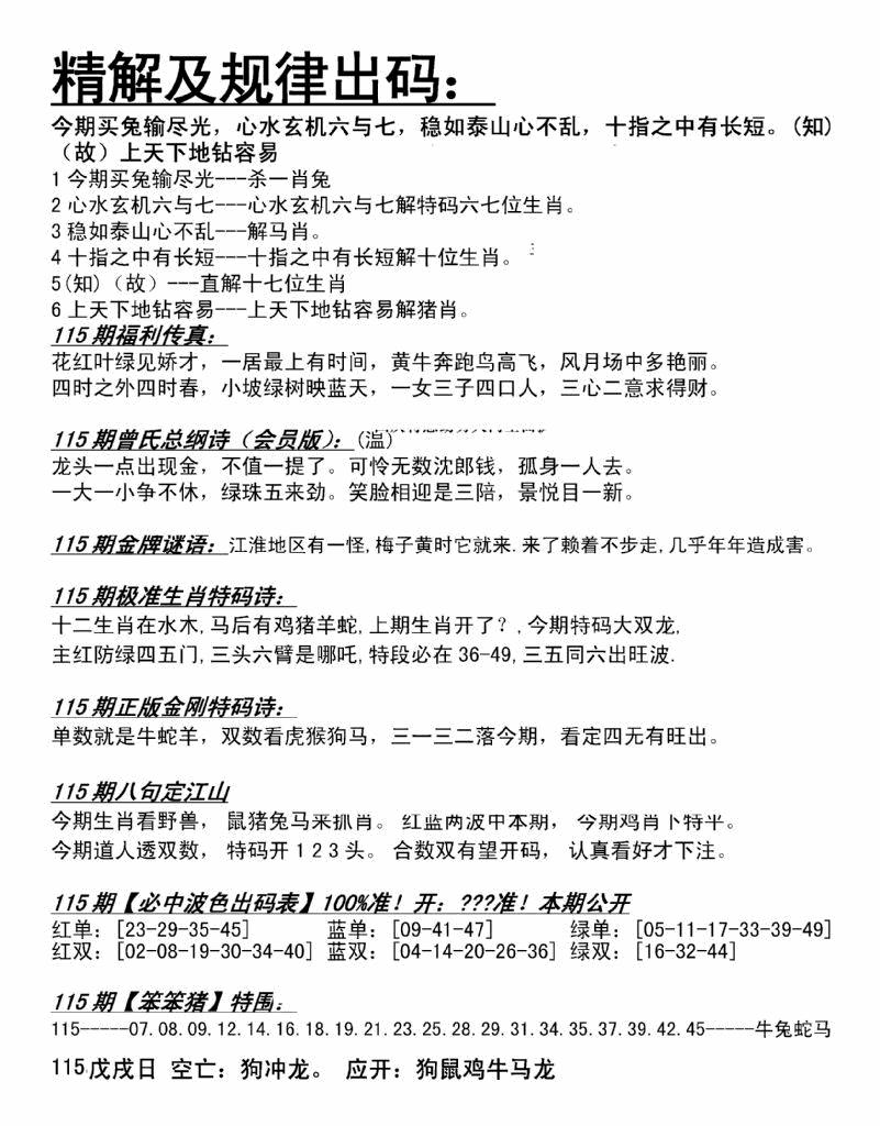 六合彩115期精解及规律出码图(黑白)