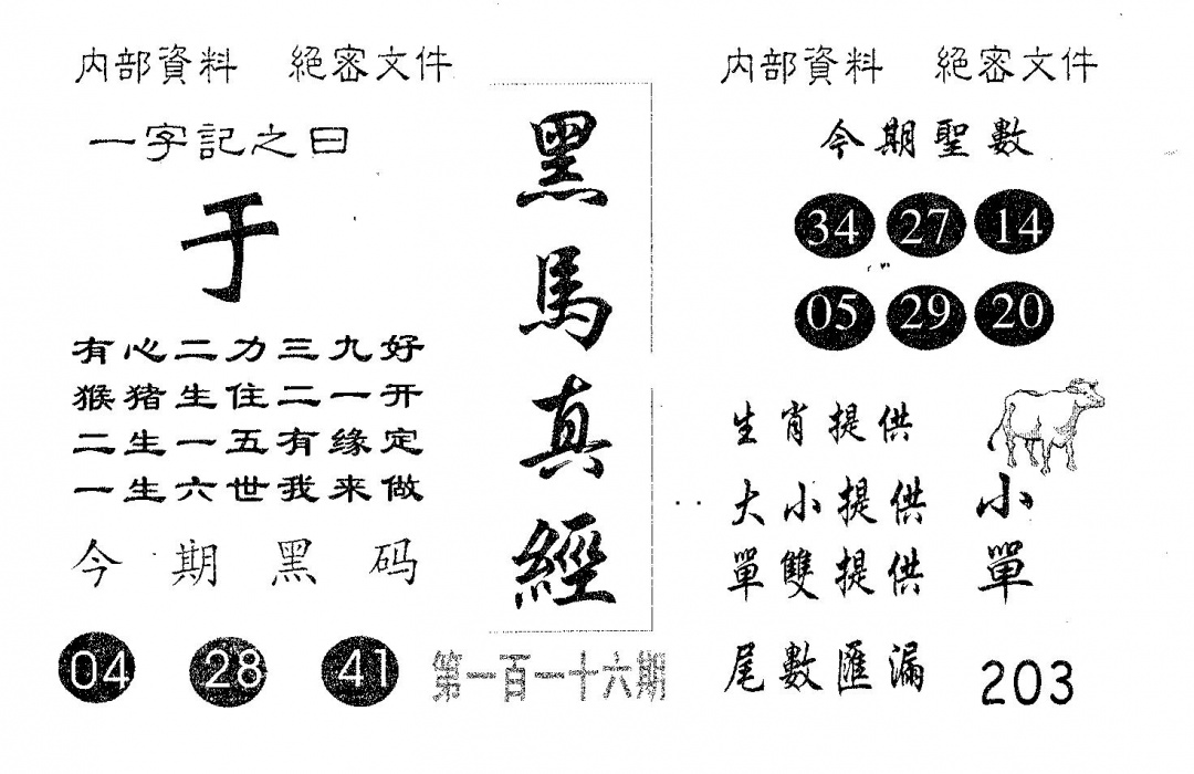 六合彩116期黑马真经(黑白)