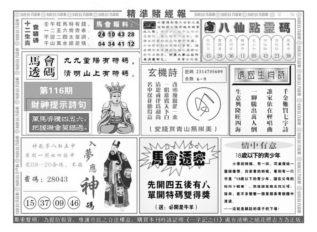 六合彩116期精准赌经报B（新图）(黑白)