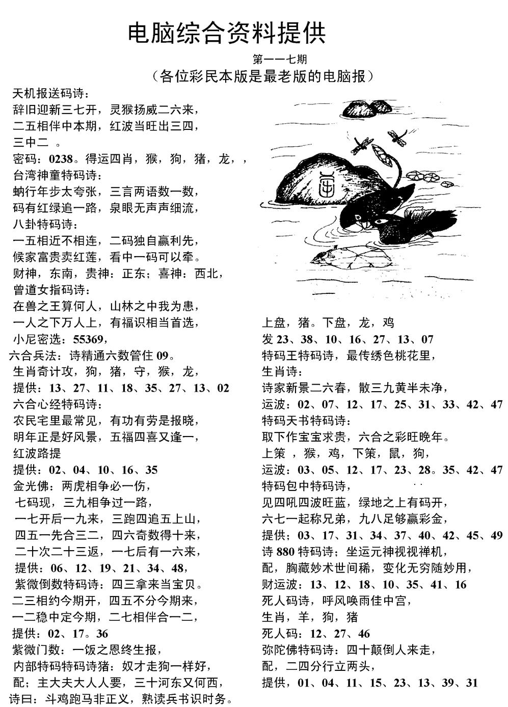 六合彩117期当日电脑综合资料C(黑白)