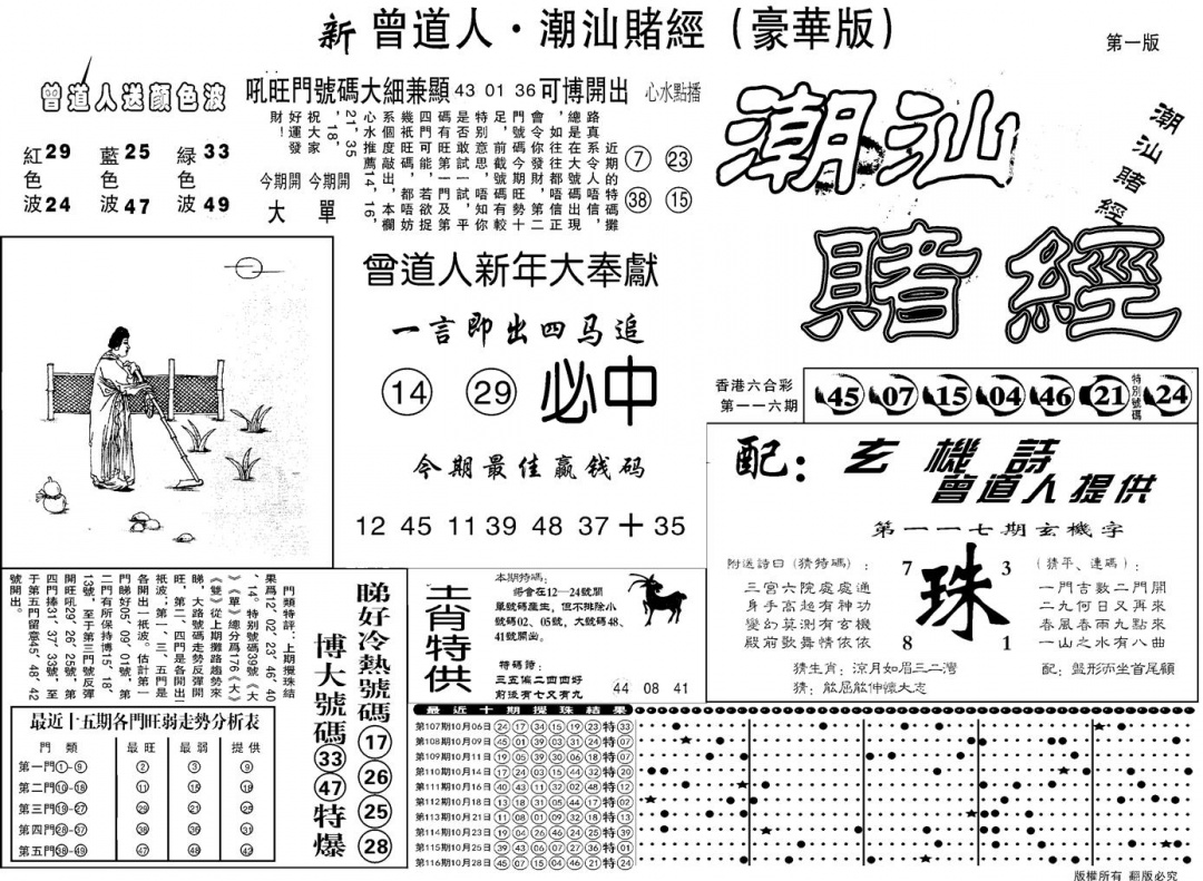 六合彩117期另潮汕赌经濠华版A(黑白)
