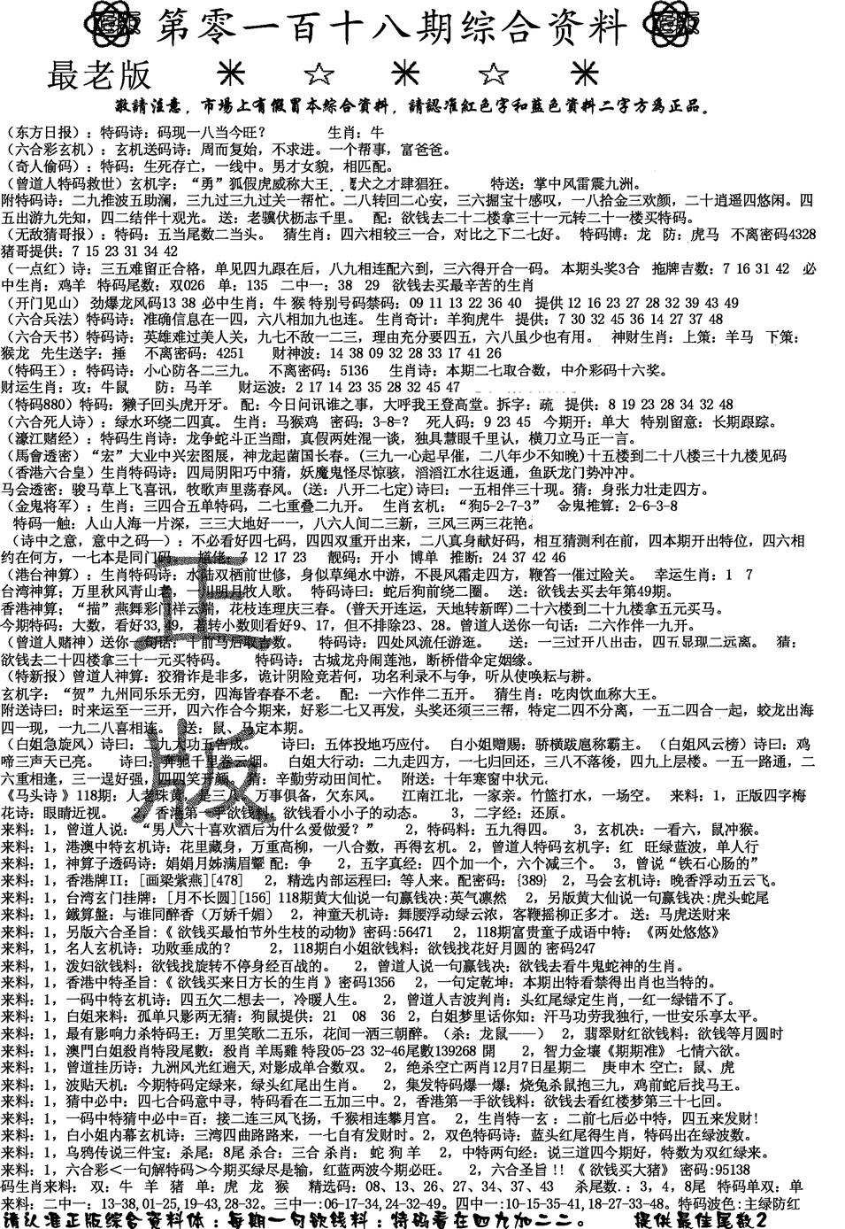 六合彩118期正版综合资料A(黑白)