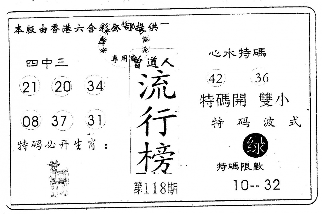 六合彩118期流行榜(黑白)