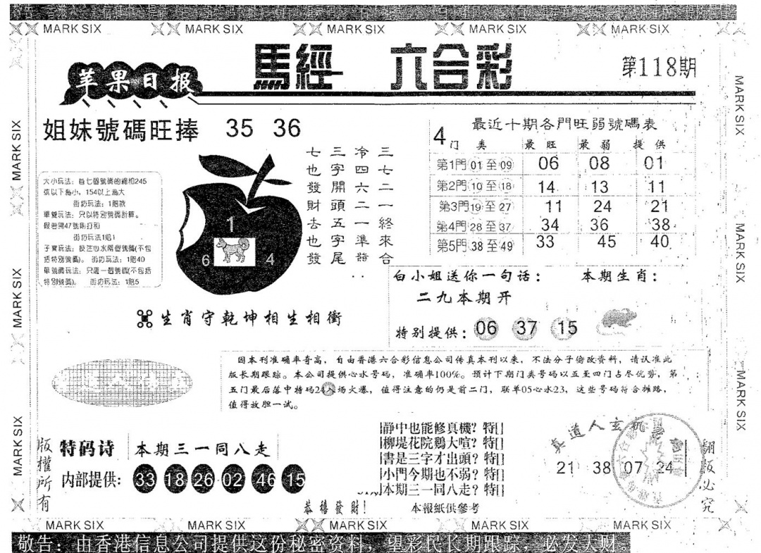 六合彩118期苹果日报A(黑白)
