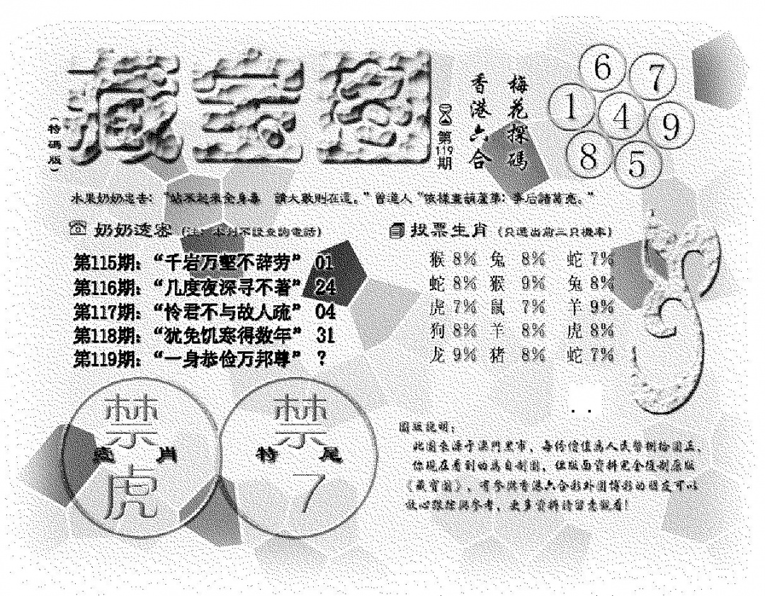 六合彩119期(九龙藏宝图)老版(黑白)